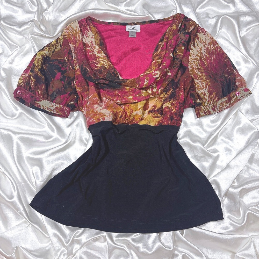 y2k Worthington Blouse Pink Excellent Abstract Print Layered Cowl Neck Top